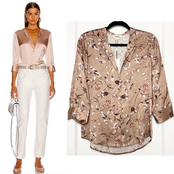 NWT L'AGENCE Silk Satin Floral Print 3/4 Sleeve Button Up Band Collar Blouse XS - Picture 1 of 7